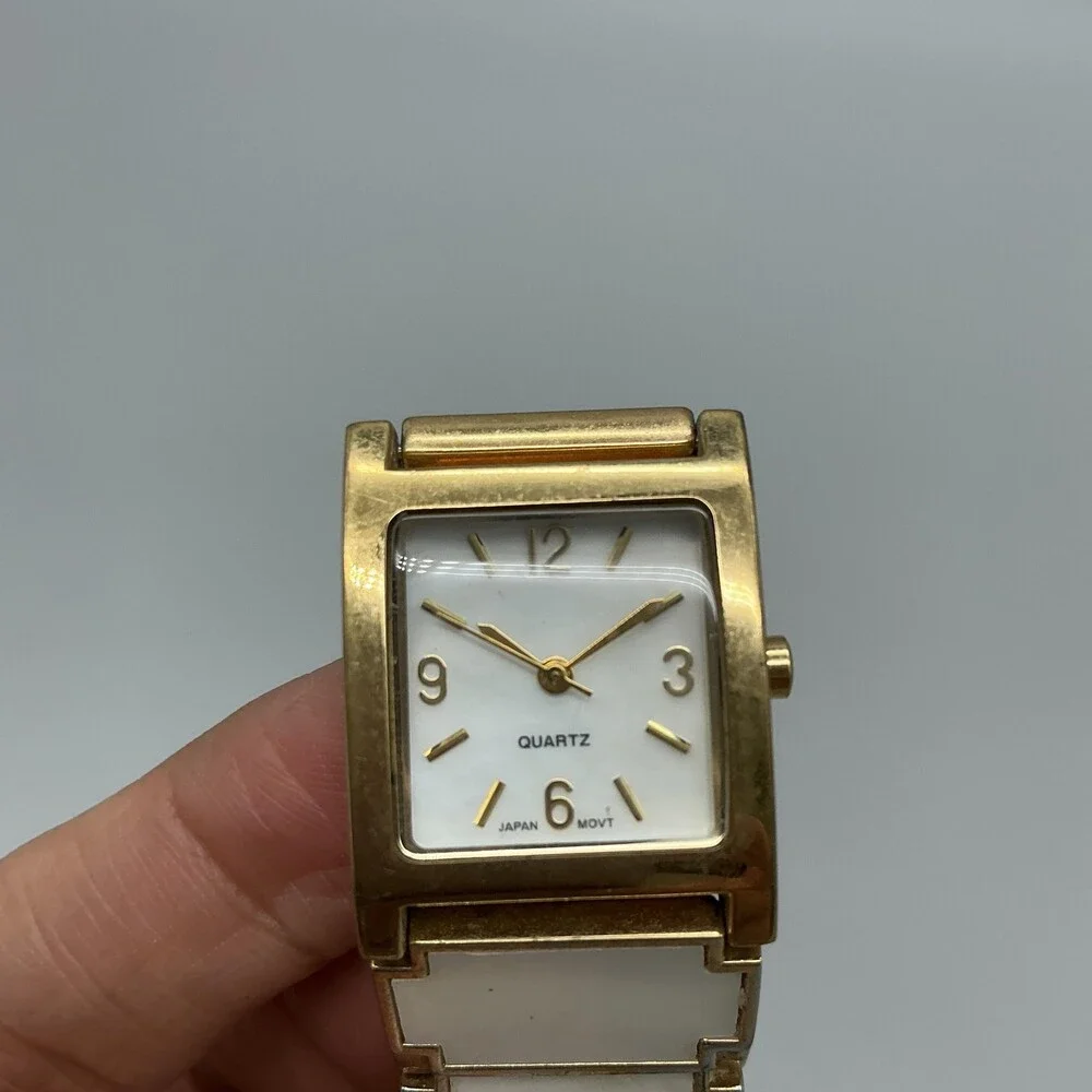 Mother of Pearl Inlay Band Womens Watch 22mm Gold Tone Square New Battery 6.5